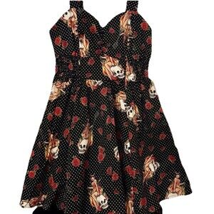 Hot Topic RARE Y2K Skull Roses Fit & Flare Dress Iconic Goth Pin Up Girly Size L